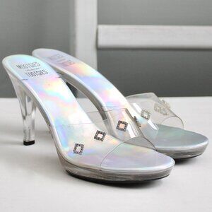 Mooties Tooties Y2K Rhinestone Clear Lucite Silver Utlra High Heels Size 8.5